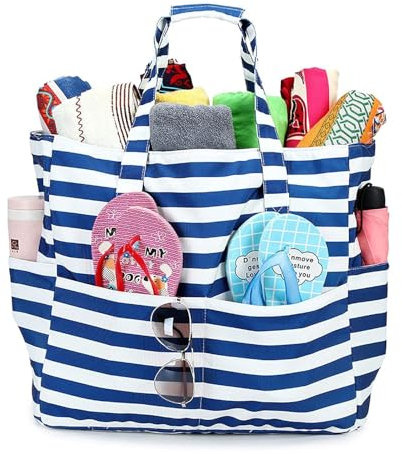 TNSLAND Strandtasche Damen Strandtasche Wasserdicht Sanddicht Pool Tote Bag Umhängetasche Groß Schwimmtasche Familie Badetasche Schwimmbad Reisetasche Strandtasche XXL Familie Blau und Weiß Gestreift