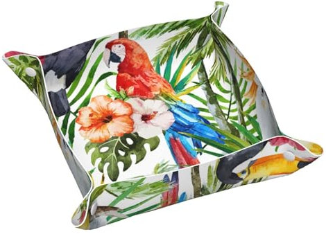 Mittelgroßes Leder-Aufbewahrungstablett – Schlüssel-Nachttisch, Schmuck-Organizer, Schreibtisch-Auffangtablett, Kommode, Organizer, Teller, Tukane, Papageien, Palmen, Blätter