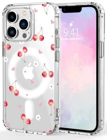 MAYCARI für iPhone 15 Hülle, Compatibel mit MagSafe, Magnetische Hülle mit niedlichem Kirsche-Muster, Sturzschutz Case, Kratzfeste Rückseite handyhülle, Klar