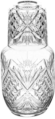 Bedside Water Carafe with Cup, Modern Water Pitcher Set for Bedroom Nightstand, Bedside, Ticked Glass Mouthwash Decanter for Bathroom (550 ml / 18.5 oz, Clear)