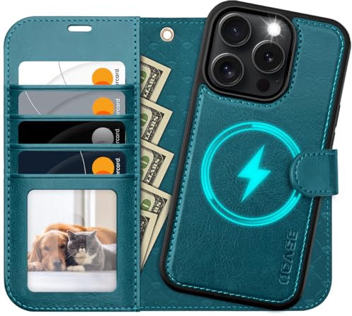 OCASE for iPhone 16 Pro Max Case, Detachable 2 in 1 PU Leather Wallet Case with RFID Blocking, Wireless Charging, Card Holders, Kickstand, Shockproof Removable Phone Cover, Peacock Blue