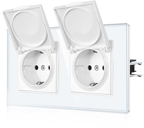 CNBINGO Wasserdicht Doppelsteckdose mit Deckel - Schuko Steckdose mit Krallen - Zweifach Wandsteckdose mit Glasscheibe - EU-Standard Steckdose Unterputz mit Klappdeckel - 2 Fach Weiß