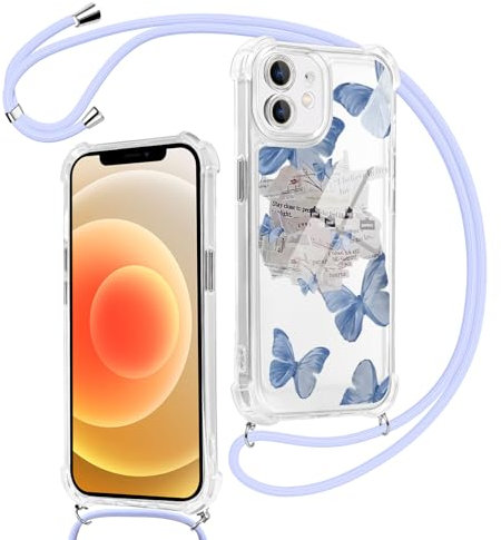 Kueqeay Funda con Cuerda para iPhone 11 6,1'', Aesthetic Butterflies Diseño Gráfico Transparente PC Thin Carcasa con Colgante Correa Ajustable Colgar de Cuello Cadena Cámara Protección Choque Case, 08