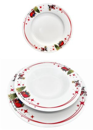 GLOUPIE Servizio Piatti Natalizio Per 6 Persone Composto Da 18 Piatti Di Cui 6 Piani, 6 Fondi, 6 Dessert, In Porcellana Bianca Dal Decoro Natalizio Con Slitte, Regali, Stelle E Babbi Natale