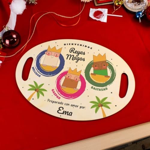 Bandeja de Navidad Personalizada de Madera Con Nombre - Reyes Magos y Papá Noel (Diseño 1, Ovalada)