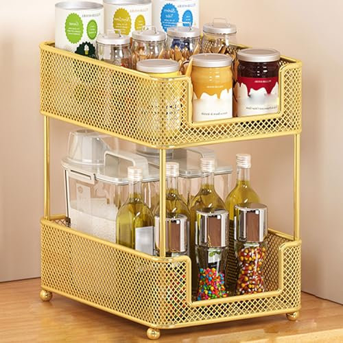 Organizer sotto il mobile a 2 ripiani per piatti, utensili da cucina e bottiglie di condimento, impermeabile, sotto il lavandino, con guardrail rialzato