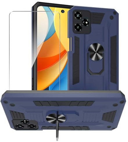 MIBZOR Hülle Kompatibel mit ZTE Blade V60 Vita (6.75), 1 Blau Handyhülle und 1 Stück Schutzglas Panzerglas, Schutzhülle Mit 360 Grad Ring Ständer Stoßfeste PC + TPU Tasche Case