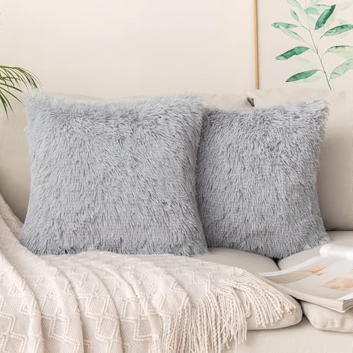 DJDEA Kissenbezüge 2er Set - Kuschelkissen Flauschig Kissen 45x45 Bezug - Künstlich Pelz Sofakissen - Dekorative Dekokissen - Kissen Flauschig Kissenbezug für Sofa 45x45 cm (Grau, 45 x 45 cm)