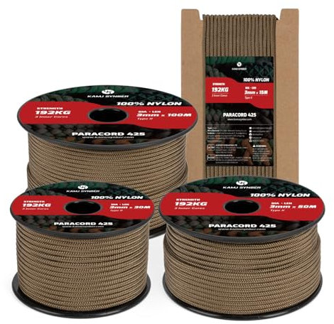 Kamu Synber 425 Paracord 3mm x 15m Corda Nylon 100% Tipo II 3 Fili Corda Paracadute Resistente per Sopravvivenza, Esterno, Fatto a Mano | Supporto 192kg | Marrone Fango