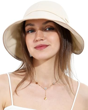 Chapeau de Soleil Femme avec Trou pour Queue de Cheval Nœud Ultra Large Bord UV50+ Bob Filles Imperméable Pliable Plage