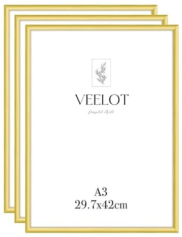 Veelot® 3x Bilderrahmen DIN A3 29.7x42cm | Metall Aluminium,Gold mat,Zertifikatsrahmen 30x42cm mit bruchsicherem Acrylglas | Hoch- & Querformat zur Wandmontage,schmales Profi