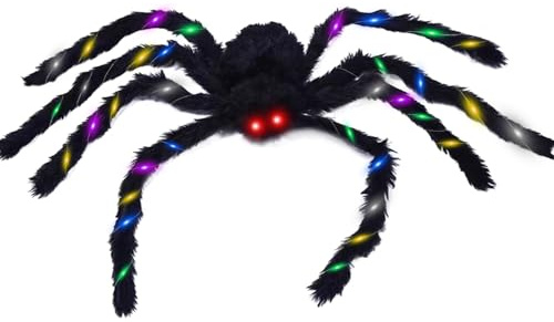 KEELYY Halloween Deko Spinne Groß, Haarige Spinne mit 2M 20 Mini LED Lichterkette, Gruselige Realistische Riesig Spinne Deko für Außen Innen Party, Garten, Spukhäuser