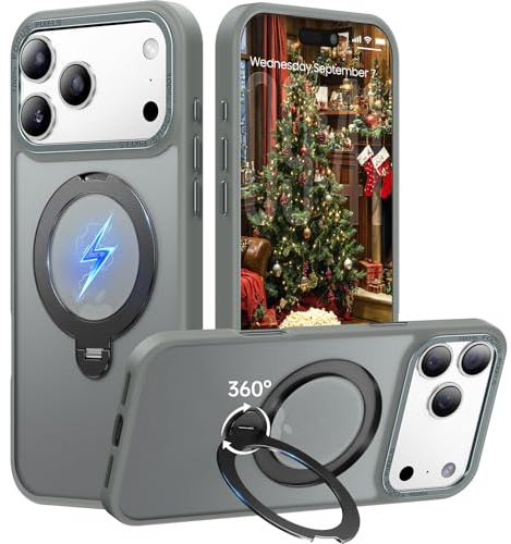 Peerock für iPhone 17 Pro Hülle mit 360°Drehbarem Unsichtbarem Magnet-Ständer, TOP Militärschutz & Magnetkraft Handyhülle für iPhone 17 Pro Case, Stoßfestes & Kratzfestes Mattgehäuse 6,3, Grau