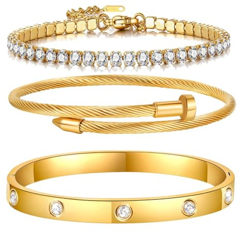 RIXERKOC 3PC Bracciale Rigido Oro Donna, Bracciale Tennis con Zirconi Placcato in Oro 18K e Bracciali in Acciaio Inox con Chiodo Set Regali Originali per Natale San Valentino Halloween