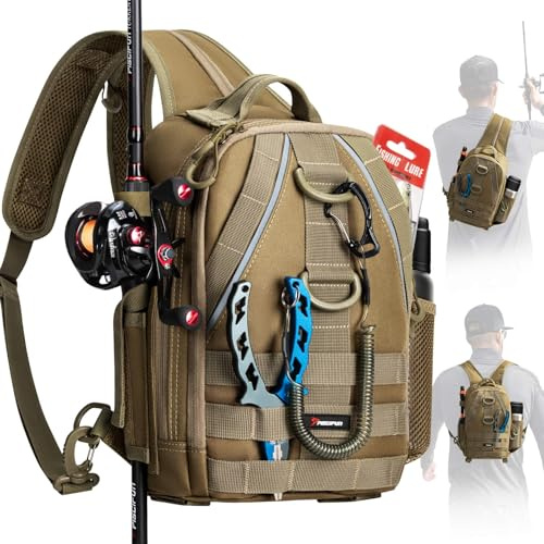 Piscifun Fishing Backpack with Rod Holder, Lightweight Sling Bag Storge Gear and Equipment, Khaki, Urban, Standard