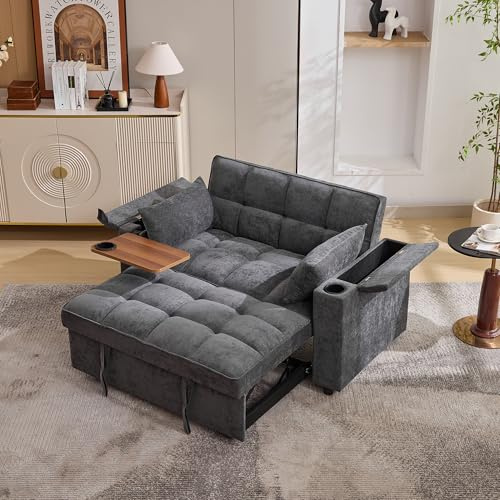 BTM 2 Seater Click Clack Sofa Bed, Pull Out Sofa Bed, Futon Sofa Recliner, with Cup Holders and Hidden table, USB & Type-C, 3-Gear Back Angle Adjustable, for Apartment, Living Room, Bedroom, Grey