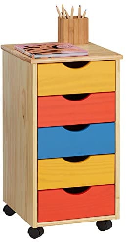 IDIMEX Caisson de Bureau Lagos Meuble de Rangement sur roulettes avec 5 tiroirs, en pin Massif lasuré Multicolore Jaune Rose et Bleu