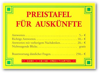 Postkarte LUSTIG - Motiv: PREISTAFEL FÜR AUSKÜNFTE, Anlass: Textkarten Fun, Künstler/Verlag: ECKI DESIGN, Größe: A6