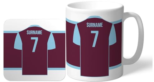 BURNLEY Personalised 'Back of Shirt' 11oz Mug & Coaster Set Supporters, with Club Colours, Ideal Fans