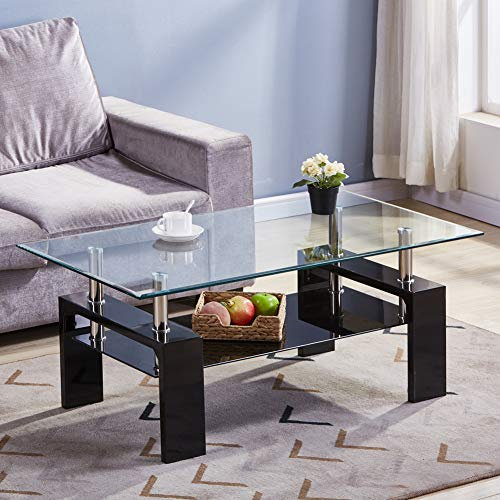 GOLDFAN Table Basse en Verre Rectangulaire Noire de Salon Design Moderne avec Espace de Rangement