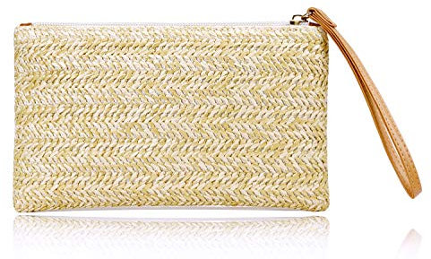 COOKOOKY Womens Straw Clutch Bag Bohemian Summer Beach Straw Purse Zipper Wristlet Wallets for Women, Beige, S