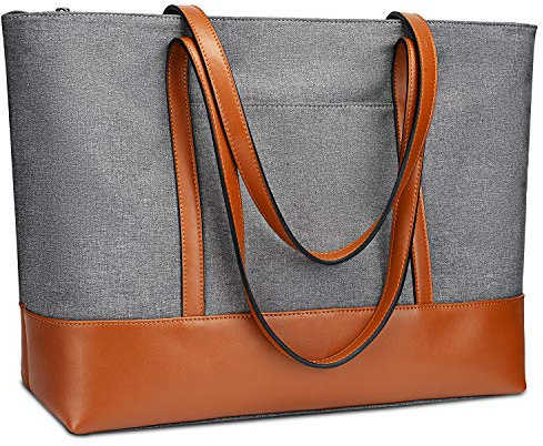 Yaluxe Genuine Leather Laptop Tote for Women Shoulder Bag Nylon fit 15.6 inches Large Capacity Vintage Style Soft Work Size: L