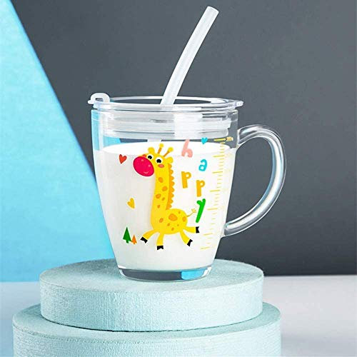 Enfants Tasse à Lait avec Paille Silicone Verre à Boire avec Poignée Potable Gourde de Doseur avec Motif Mignon Pichet d'eau Transparent avec Couvercle Gobelet de Anti-fuite pour Garçon Fille 350ml