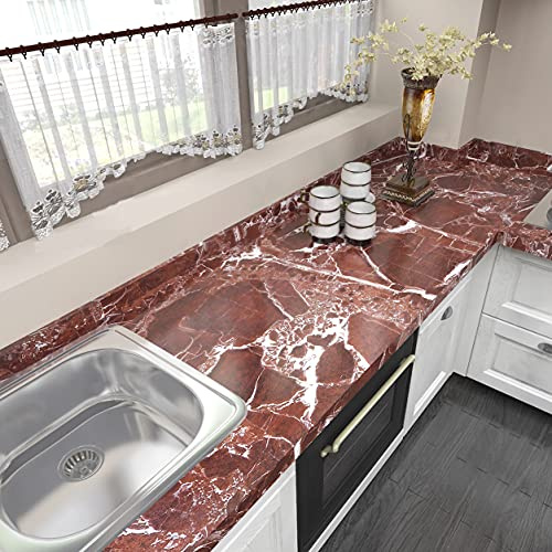 Burgeliy Self Adhesive Film15.8×80in Vinyl Wrap Protector Auto Modification Film red Marble Shiny for Bathroom，Kitchen Countertops Table Desk Furniture Peel and Stick Waterproof Wallpaper Easy Clean