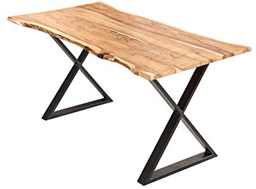 SAM Esstisch 160x85cm Marbella, echte Baumkante, Akazienholz naturfarben + massiv, Baumkantentisch mit geschlossenem X-Metallgestell Schwarz, Esszimmertisch