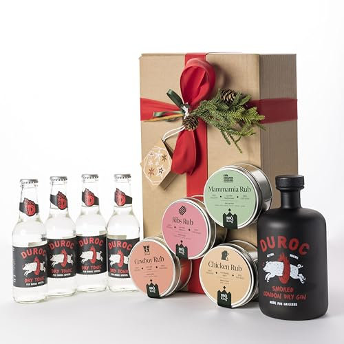Duroc, Christmas Box Gin, Scatola Regalo per Natale Ottima come Idea Regalo, Combo Gin da 700ml 43% Vol e Toniche + Selezione di 4 Miscele di Spezie Bbq King, Made for Grillers