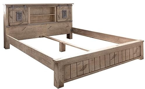 MASSIVMOEBEL24.DE | Railway massives Bett - weiß lackiert | aus Mangoholz | inkl. Regalwand mit 6 Fächer + Schiebetüren | mit Beinen | 160x200 | Massivholzbett Doppelbett