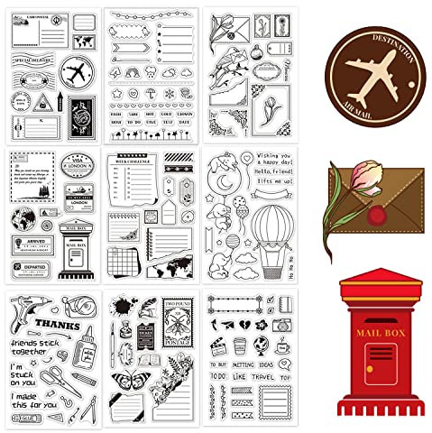 GLOBLELAND 9 Stück Silikonstempel Set Klare Stempel Memorandum, Elefant, Kalender, Brief Transparentes Stempel Siegel Clear Stamps für Kartenherstellung und DIY Scrapbooking Dekor