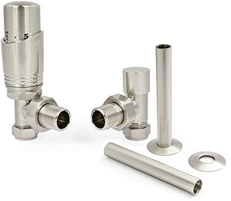 Hot Flow Satin Nickel Cascade Angled Modern TRV Thermostatic Radiator Valve (Pair) Includes Angled TRV Body, One Lock Shield & Pipe Sleeve for Quick & Easy Temperature Control.