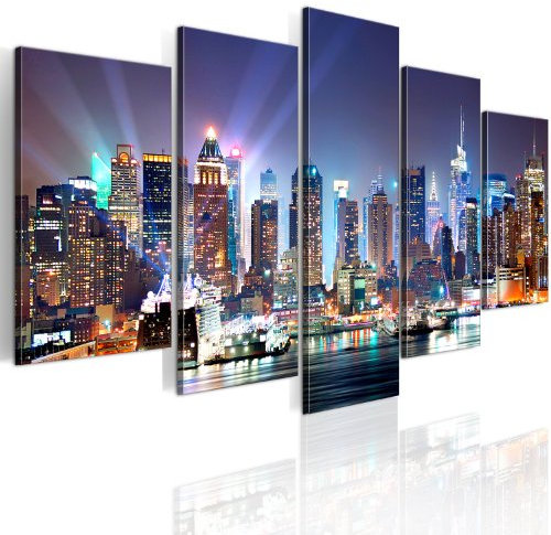 B&D XXL - Tableau Décoration 150x75 cm 5 Parties - Impression sur Toile Cadre en Bois Salon Chambre Déco Murale Tableaux Maison Bureau Cuisine - Ville New York Nuit 9020099