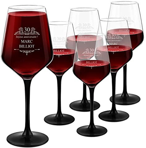 Maverton Set de 6 Verres personalisés à vin rouge et blanc - Ensemble de Verres à pied noir pour anniversaire - Verres avec gravure pour homme - Verres gravés pour lui - Gentleman