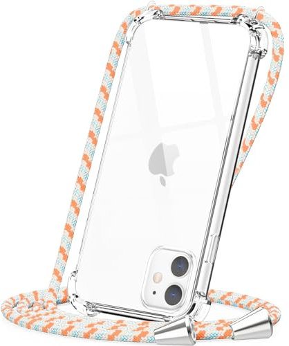CAROKI Crossbody Case for iPhone 11 6.1,Necklace Mobile Phone Cover with Cord Strap,Clear Transparent TPU Soft iPhone Cover Holder with Neck Cord Lanyard Strap Clear-Orange Blue