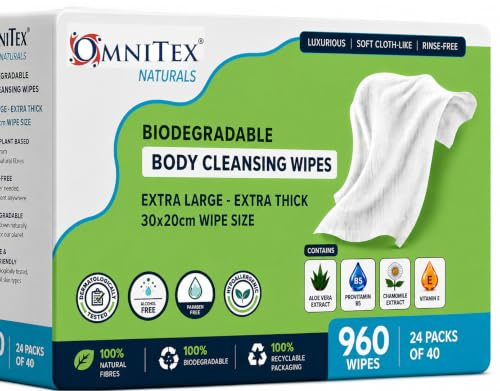960x Omnitex Biodegradable Extra Large & Extra Thick Body Cleansing Wipes - Microwaveable | Rinse Free Wipes for Camping, Festivals, Elderly Bed Bath | Alcohol Free With Aloe Vera & Vitamins | 24x40pk