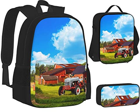 Aseelo Lustige Flip Flops Hausschuhe Kunst Sandalen Rucksack mit Lunchbox für Jungen Schultaschen Student Büchertasche und Federmäppchen für Mädchen Set 3 Stück, Firma Farm Traktor, Einheitsgröße
