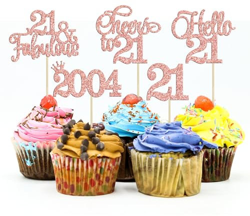 Gyufise 30Pcs 21st Birthday Cupcake Toppers Hello 21 Cupcake Picks 2004 Cupcake Topper for Happy 21st Birthday Anniversary Party Cake Decorations Supplies Rose Gold