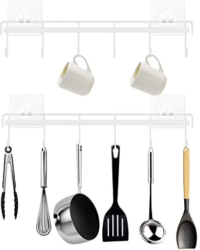 Jeowoqao Kitchen Utensil Hangers with 6 Hooks, 2 Pack Space Saving Wall Hooks Holder No Drilling Mounted Adhesive Rack for Bathroom Bedroom (White) (SO-HK-WHGJ2PW-UK)