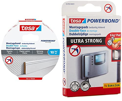 tesa Montageband Tapete&Putz, 10 kg Haltekraft pro Meter - 5 m x 19 mm & Powerbond Ultra Strong Klebepads/Doppelseitige Pads für die Montage im Innen- 6 cm x 2 cm (1er Pack)