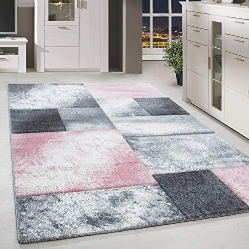 HomebyHome Teppich 240x340 cm XL Kurzflor Konturenschnitt in Pink Grau Weiß Kariertes Design, Extra Weich, Waschbar, Pflegeleicht Für Großes Wohnzimmer oder Esszimmer