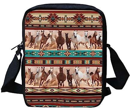HUGS IDEA Tiermuster Mini Crossbody Tasche Reise Sling Umhängetasche Handytasche, Aztekisches Pferd Geometrisch