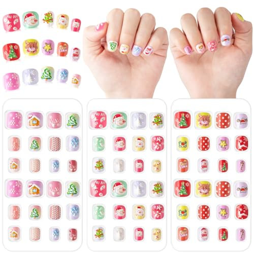 Kiiwah 72 Pièces Faux Ongles de Noël pour Enfant, Pré-collé Faux Ongles Noël, Christmas Press on Nails, Tips de Faux Ongle pour Enfant Fille