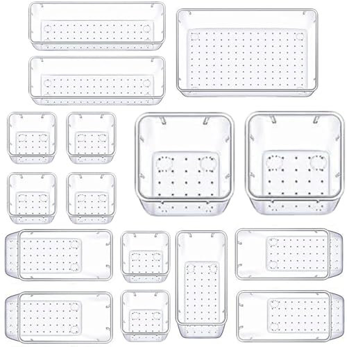 Panzy Home 16 Pcs Drawer Organiser Clear Desk Drawer Organisers Trays Makeup Drawer Divider Clear Plastic Storage Boxes for Bathroom Cosmetics Kitchen Office Stationery