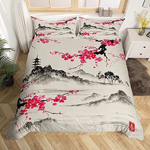 Homemissing Sakura Housse de Couette Japon Fuji Mountain Literie pour Enfants garçon Fille Style Japonais Housse de Couette 140x200cm Aquarelle Vintage Parure de Lit Peinture de Montagne Classique