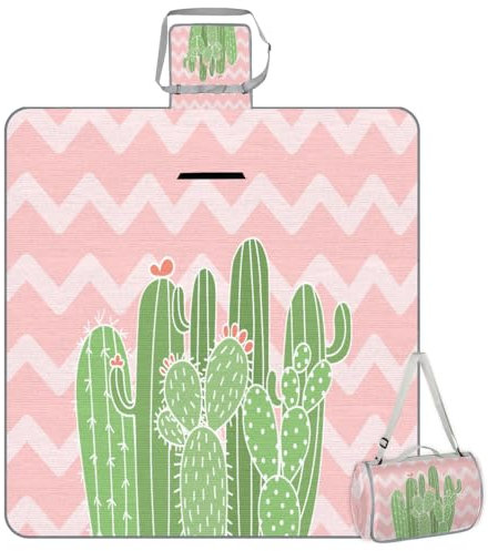 TropicalLife Couverture de pique-nique carrée en forme de cactus en zigzag - Imperméable - Pliable - Pour intérieur et extérieur - Pour camping, plage, parc, réunions de famille