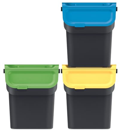 Keden Kaddi Q - Sistema de separación de basura, juego de 3 x 20 l con filtro de carbón activo, contenedor de separación de residuos con tapa, contenedor de reciclaje, cubo de basura de plástico
