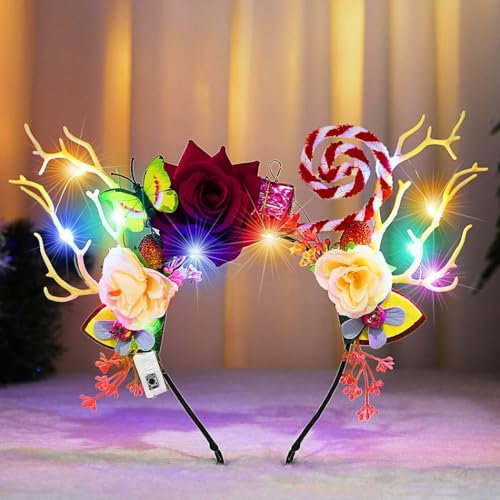 Zoestar Bandeau lumineux de Noël à DEL en bois de bois de cerf avec fleurs lumineuses et papillons, accessoires de cheveux pour femme (A)