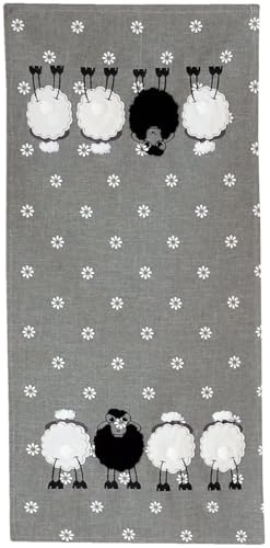 Süßer Frühlings Tischläufer mit Schafen Blumen Stick grau weiß - Tischdecke Schafe BRENDA Osterdeko 40 x 85 cm Tischdeko Polyester - Kunststoff Läufer Frühlingsdeko, Party, Geburtstag